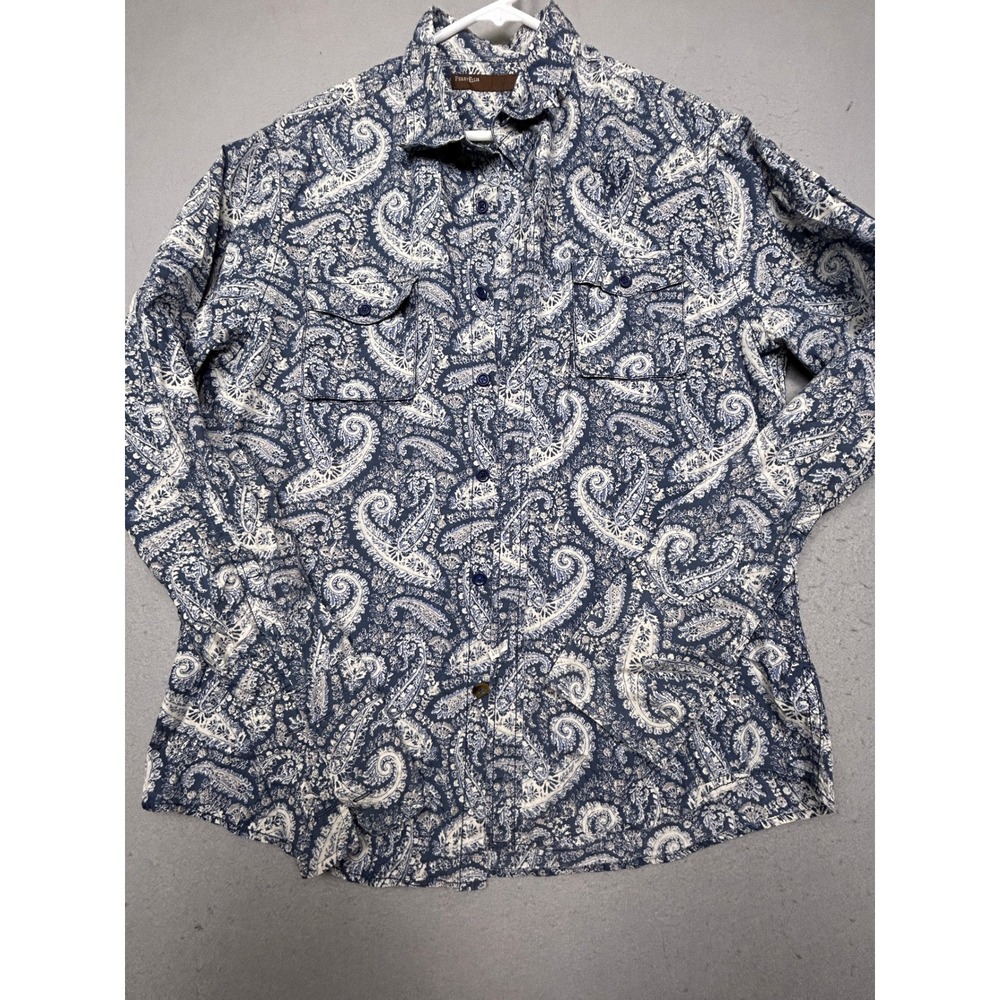 Perry Ellis Button Down 100% Cotton Paisley Blue White Large Mens